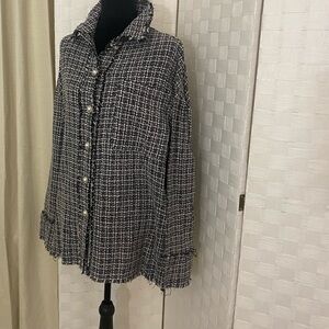 Chic Black and White Tweed Blazer with faux pearl buttons